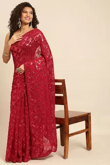 Red embroidered georgette saree with blouse