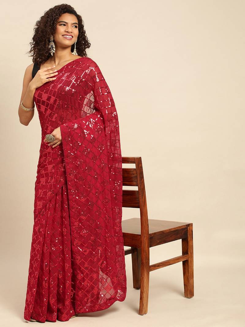 Red embroidered georgette saree with blouse