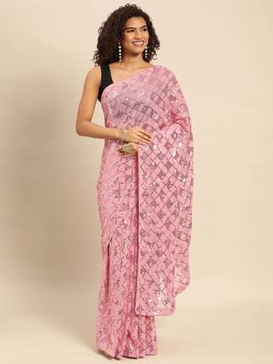 Light pink embroidered georgette saree with blouse 1