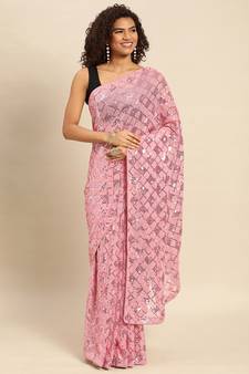 Light pink embroidered georgette saree with blouse