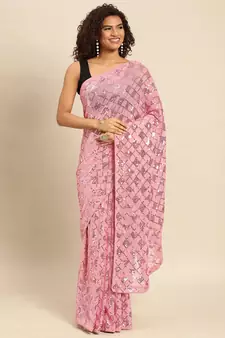 Light pink embroidered georgette saree with blouse