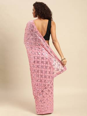 Light pink embroidered georgette saree with blouse 2