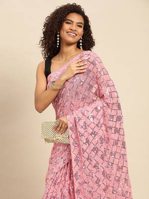 Light pink embroidered georgette saree with blouse 3