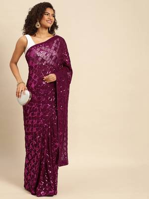 Wine embroidered georgette saree with blouse 1
