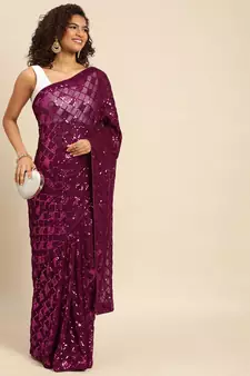 Wine embroidered georgette saree with blouse
