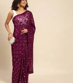 Wine embroidered georgette saree with blouse