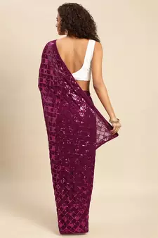 Wine embroidered georgette saree with blouse