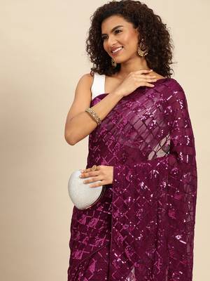 Wine embroidered georgette saree with blouse 3