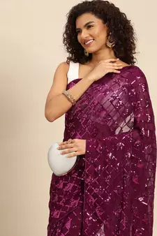 Wine embroidered georgette saree with blouse