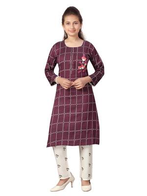 Purple embroidered cotton girls-top-bottom 1