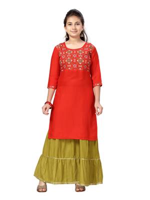 Red printed cotton girls-top-bottom 1