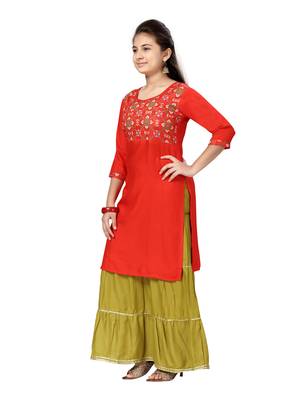 Red printed cotton girls-top-bottom 3