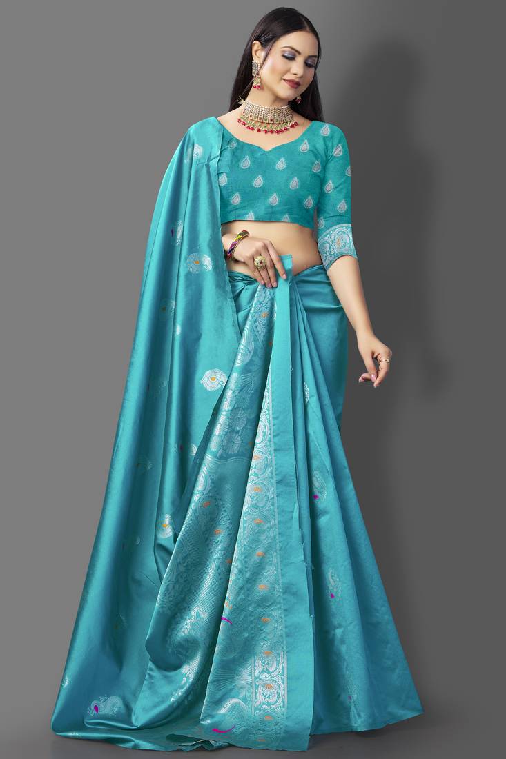 Aqua blue woven banarasi saree with blouse - Marziyaa - 4038111