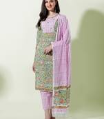 Pista Green Floral Printed Cotton Kurta With Pant and Dupatta Set