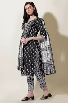 Black White Batik Print Gotta Patti Cotton Kurta With Pant and Dupatta Set
