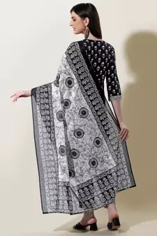 Black White Batik Print Gotta Patti Cotton Kurta With Pant and Dupatta Set