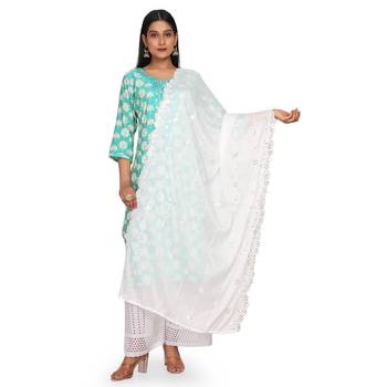 White Sequine Embroidered work Chinon Fabric Dupatta. 3