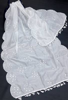 white Sequine Embroidered Work Chanderi Cotton Fabric Dupatta. 4
