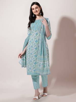 White Turquoise Floral Printed Cotton Kurta With Pant and Dupatta Set 1