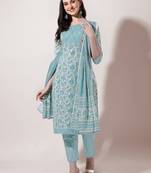 White Turquoise Floral Printed Cotton Kurta With Pant and Dupatta Set
