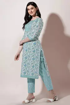 White Turquoise Floral Printed Cotton Kurta With Pant and Dupatta Set