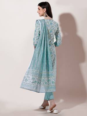 White Turquoise Floral Printed Cotton Kurta With Pant and Dupatta Set 3