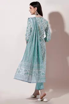 White Turquoise Floral Printed Cotton Kurta With Pant and Dupatta Set