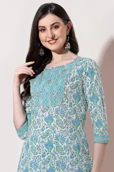 White Turquoise Floral Printed Cotton Kurta With Pant and Dupatta Set