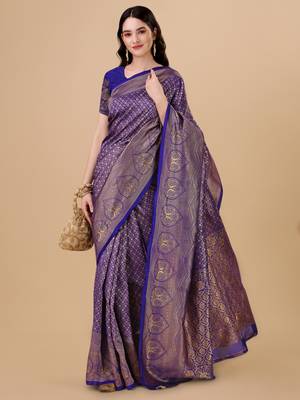 Blue woven brocade saree with blouse 1