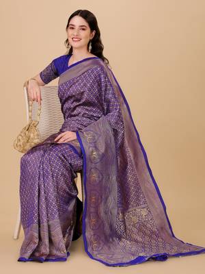 Blue woven brocade saree with blouse 2