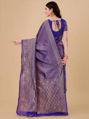 Blue woven brocade saree with blouse 3