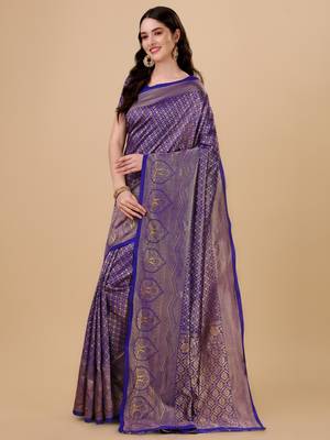 Blue woven brocade saree with blouse 4