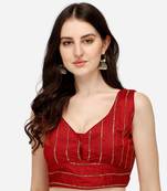 Pujia Mills Women's Phantom Silk Sleeveless Sweetheart Neck Embroiderd Sequins Red Blouse