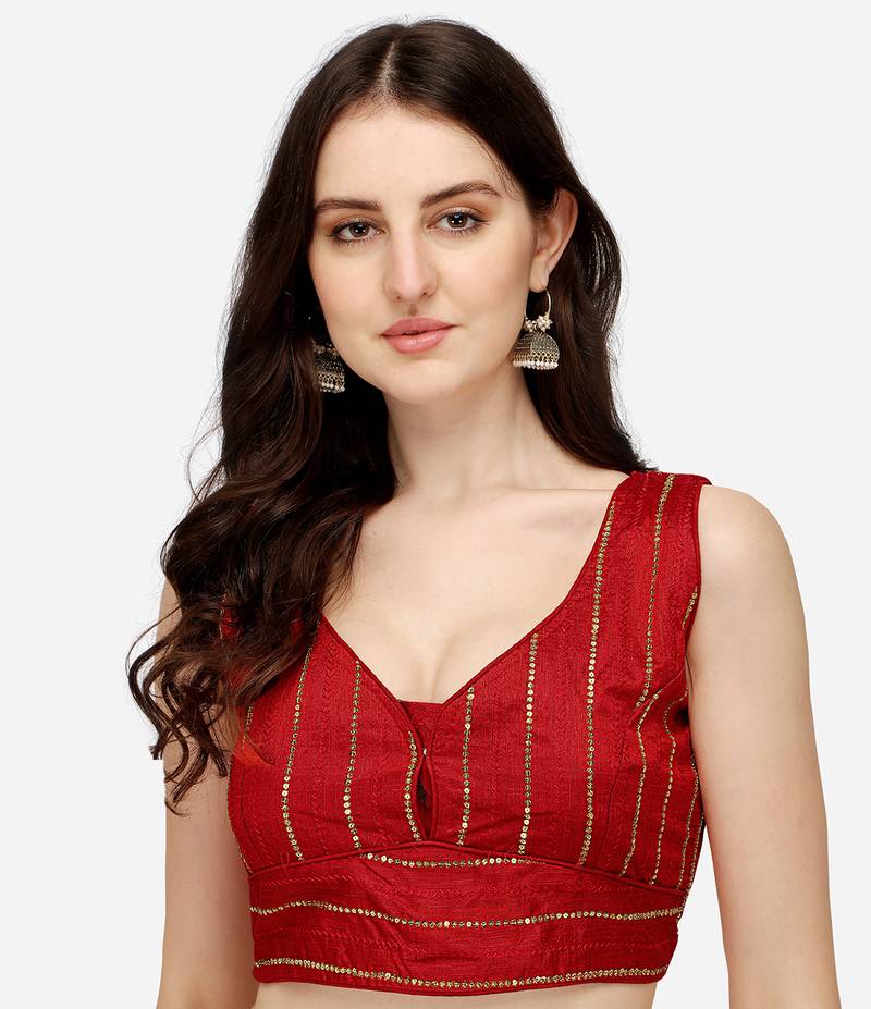 Pujia Mills Women's Phantom Silk Sleeveless Sweetheart Neck Embroiderd Sequins Red Blouse