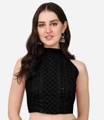 Pujia Mills Women's Georgett Chikankari Work Sleeveless Halter Neck Black Saree Blouse