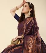Navy blue woven brocade saree with blouse