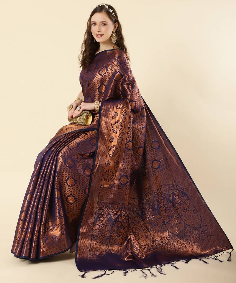 Navy blue woven brocade saree with blouse