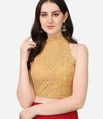 Pujia Mills Women's Georgett Chikankari Work Sleeveless Halter Neck Gold Saree Blouse