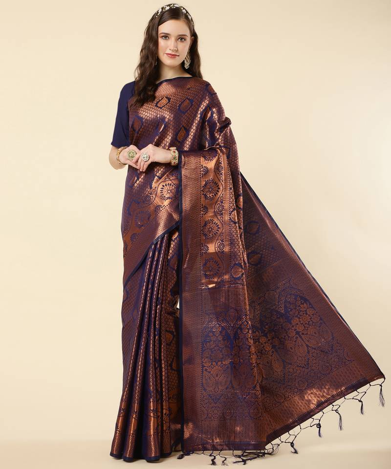 Navy blue woven brocade saree with blouse