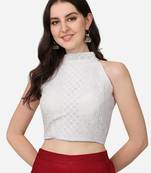 Pujia Mills Women's Georgett Chikankari Work Sleeveless Halter Neck White Saree Blouse