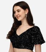 Pujia Mills Women's Velvet Sequins Work Cap Sleeve Readymade Black Saree Blouse