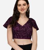 Pujia Mills Women's Velvet Sequins Work Cap Sleeve Readymade Wine Saree Blouse