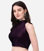 Pujia Mills Women's Velvet Embroidery Sequins Work Sleeveless Halter Neck Readymade Wine Saree Blouse