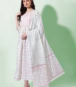 White Grey Floral Printed Cotton Kurta With Dupatta Set