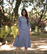 Weavllite Women's Navy Blue Pure Cotton Printed Dress