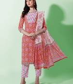 White Pink Floral Printed Cotton Kurta With Pant and Dupatta Set 