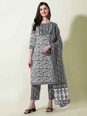 Black White Batik Printed Cotton Kurta With Pant and Dupatta 1