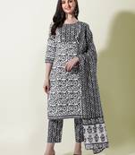 Black White Batik Printed Cotton Kurta With Pant and Dupatta