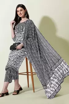 Black White Batik Printed Cotton Kurta With Pant and Dupatta