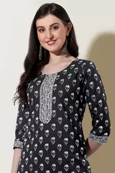 Black White Batik Printed Cotton Kurta With Pant and Dupatta